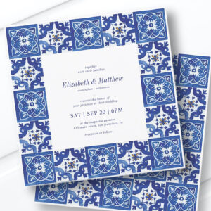 Modern Blue & White Mediterranean Tiles Wedding Invitation