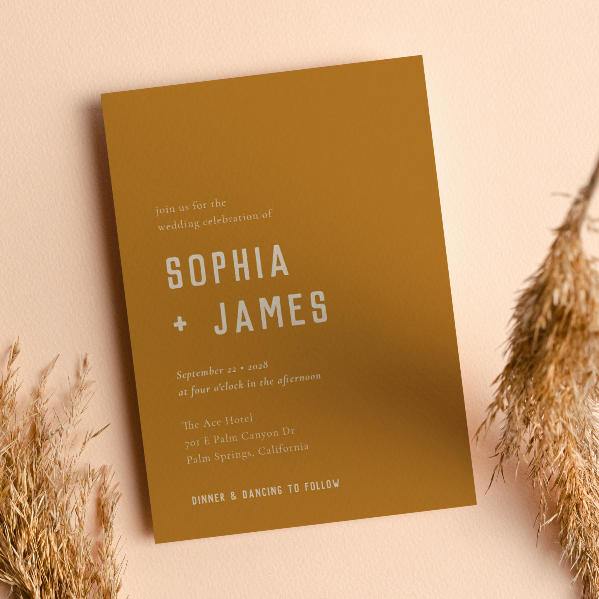Modern Boho Arch Ochre Orange Typography Wedding Invitation