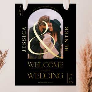 Modern boho arch photo wedding black welcome foil prints