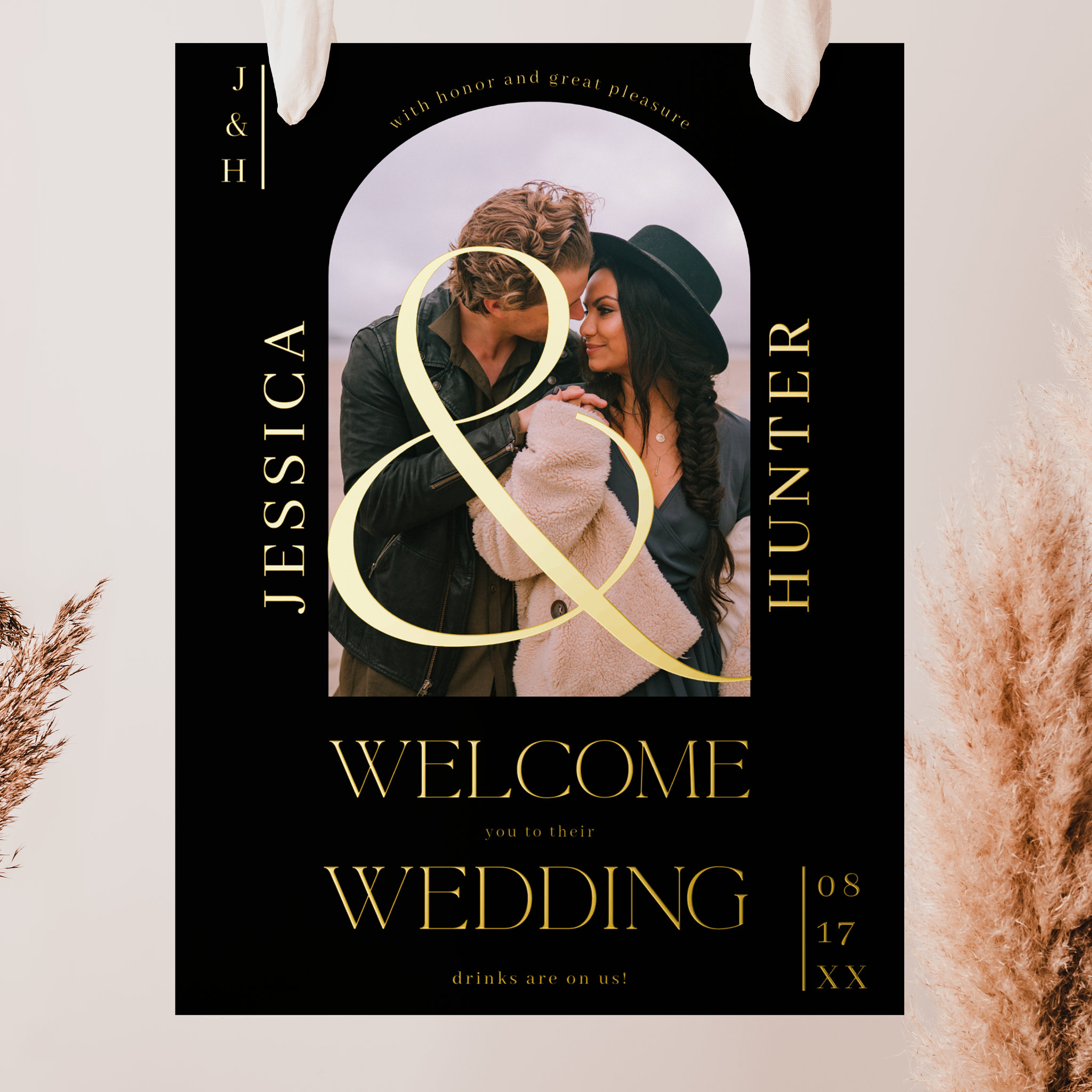 Modern boho arch photo wedding black welcome foil prints