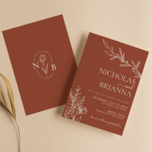 Modern Boho Floral Terracotta Burnt Orange Wedding Invitation