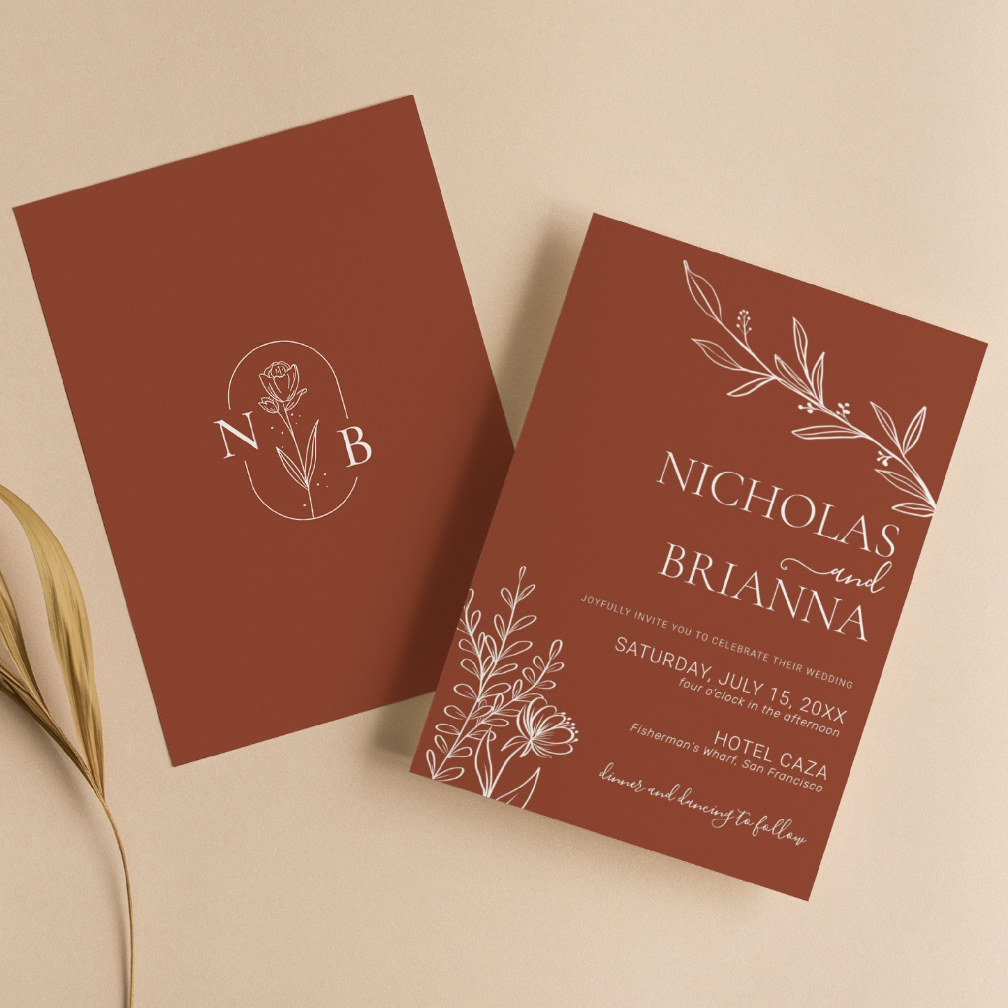 Modern Boho Floral Terracotta Burnt Orange Wedding Invitation