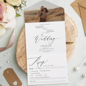 Modern boho photo chic calligraphy wedding all in one invitation