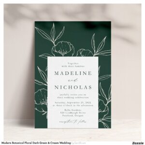 Modern Botanical Floral Dark Green & Cream Wedding Invitation