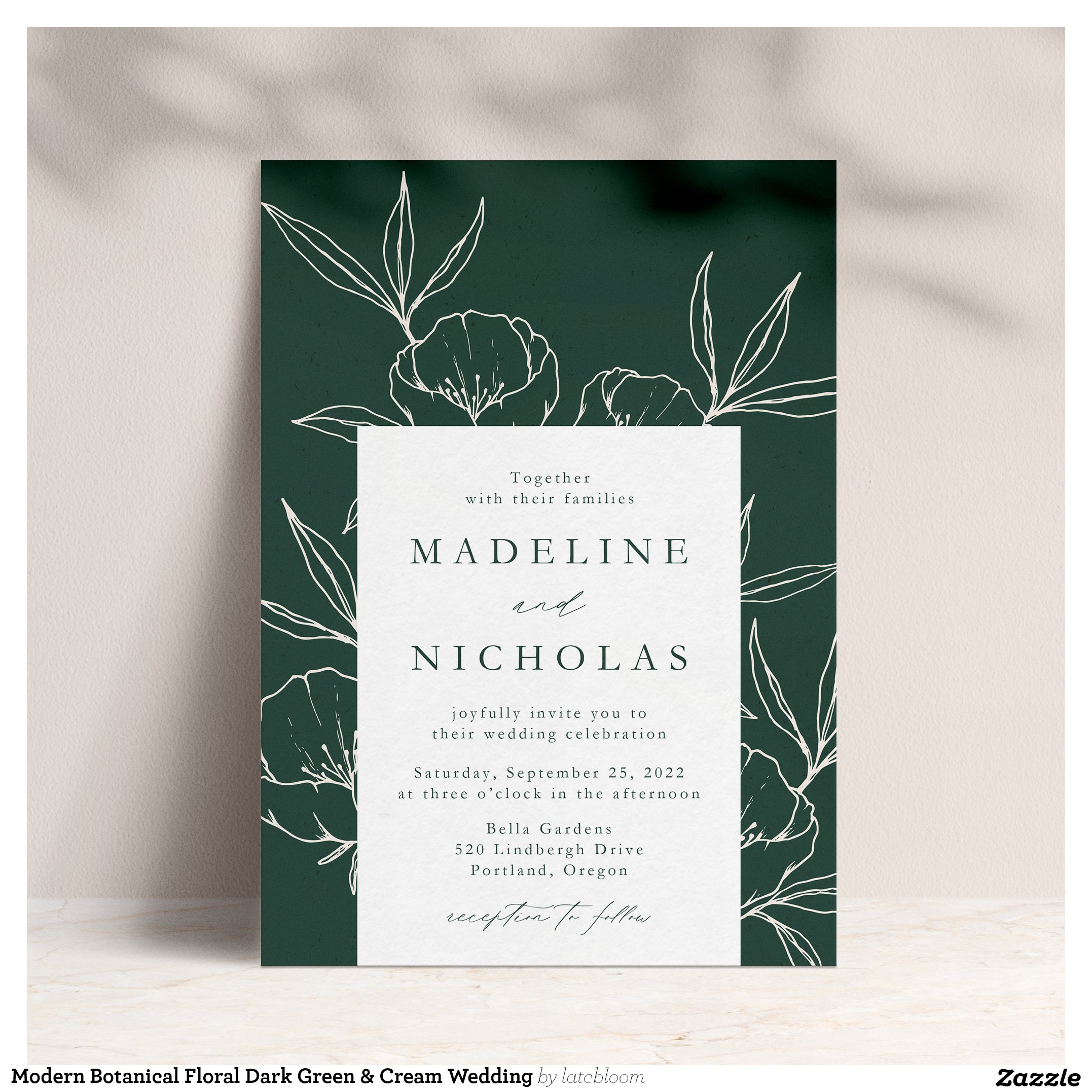 Modern Botanical Floral Dark Green & Cream Wedding Invitation