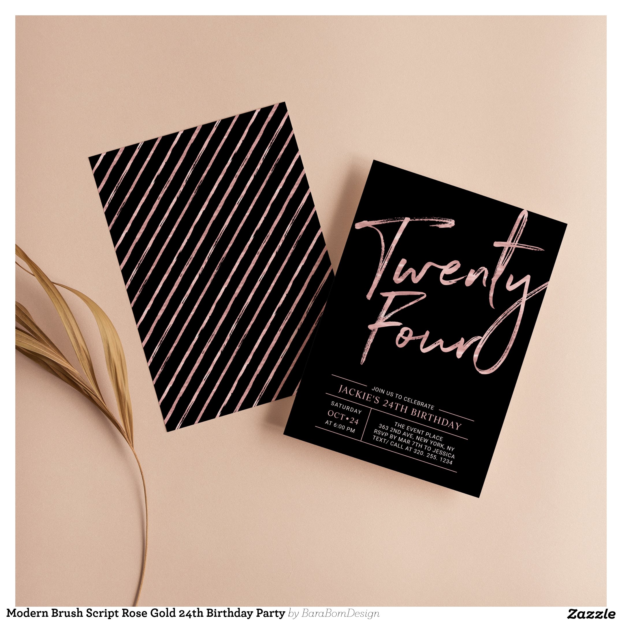 Modern Brush Script Rose Gold 24th Birthday Party Invitation