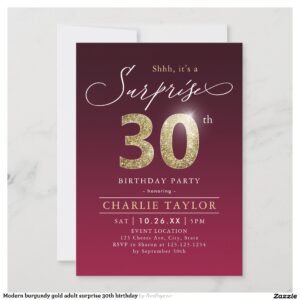 Modern burgundy gold adult surprise 30th birthday invitation