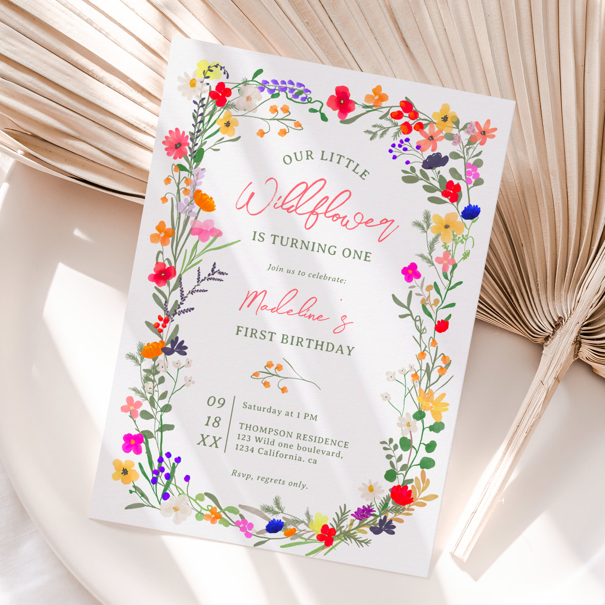 Modern chic boho bright wild flowers 1st birthday invitation