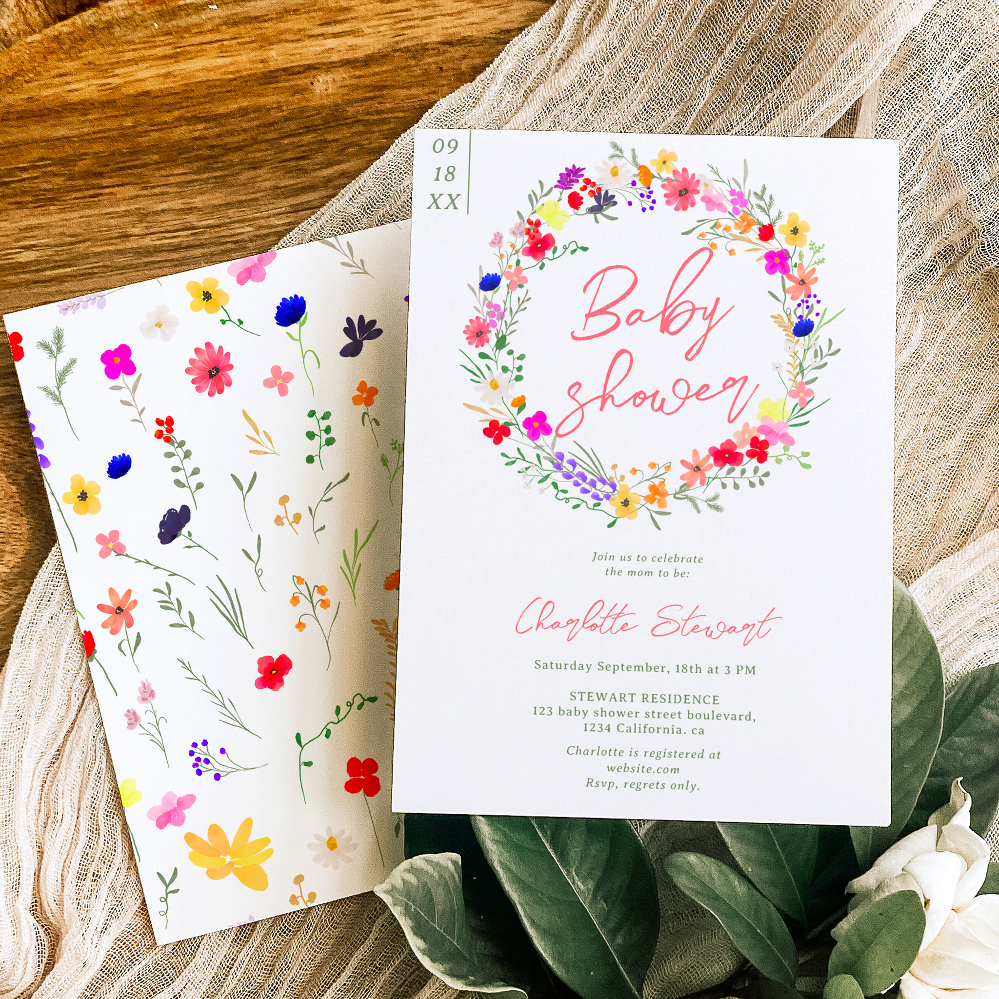 Modern chic boho bright wild flowers baby shower invitation