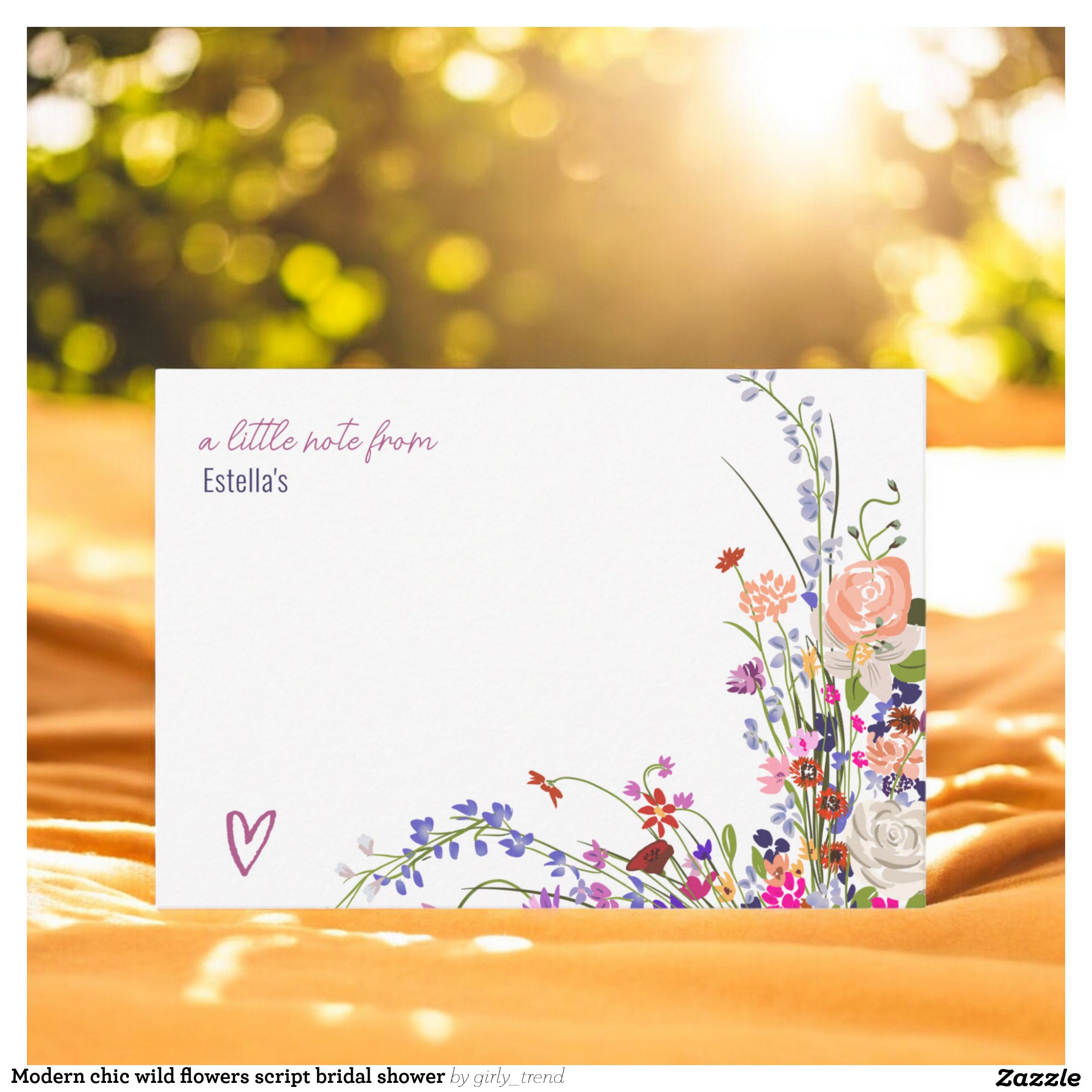 Modern chic wild flowers script bridal shower note card