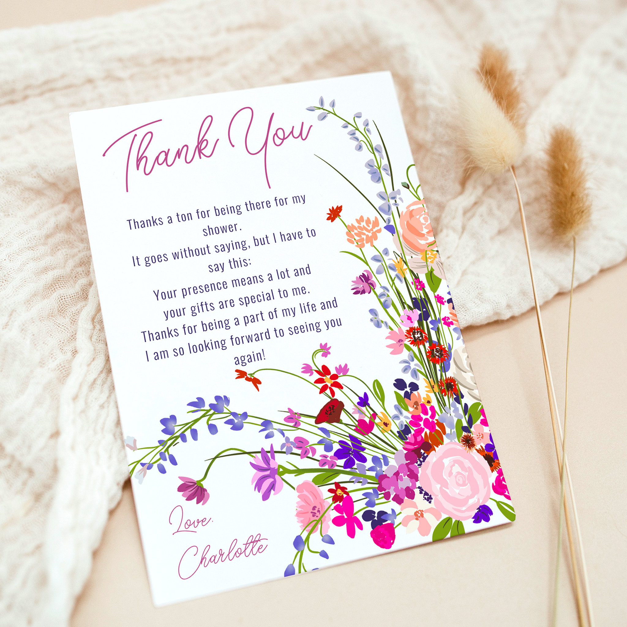 Modern chic wild flowers script bridal shower thank you card