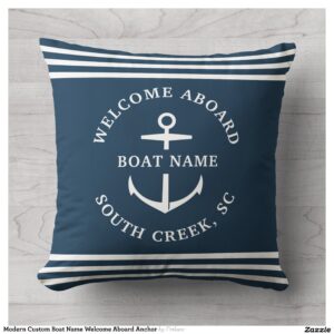 Modern Custom Boat Name Welcome Aboard Anchor Throw Pillow