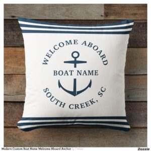 Modern Custom Boat Name Welcome Aboard Anchor Throw Pillow