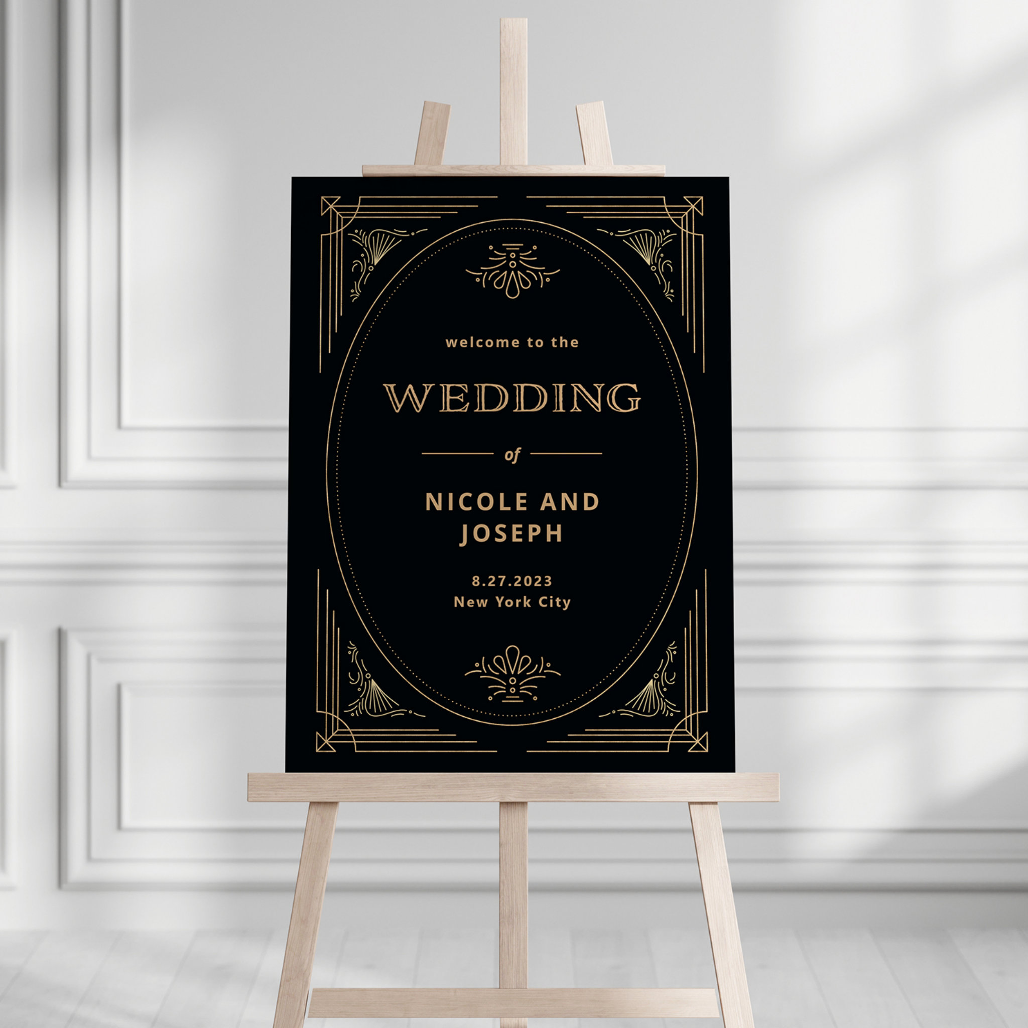 Modern Deco   Gold and Black Wedding Welcome Foam Board
