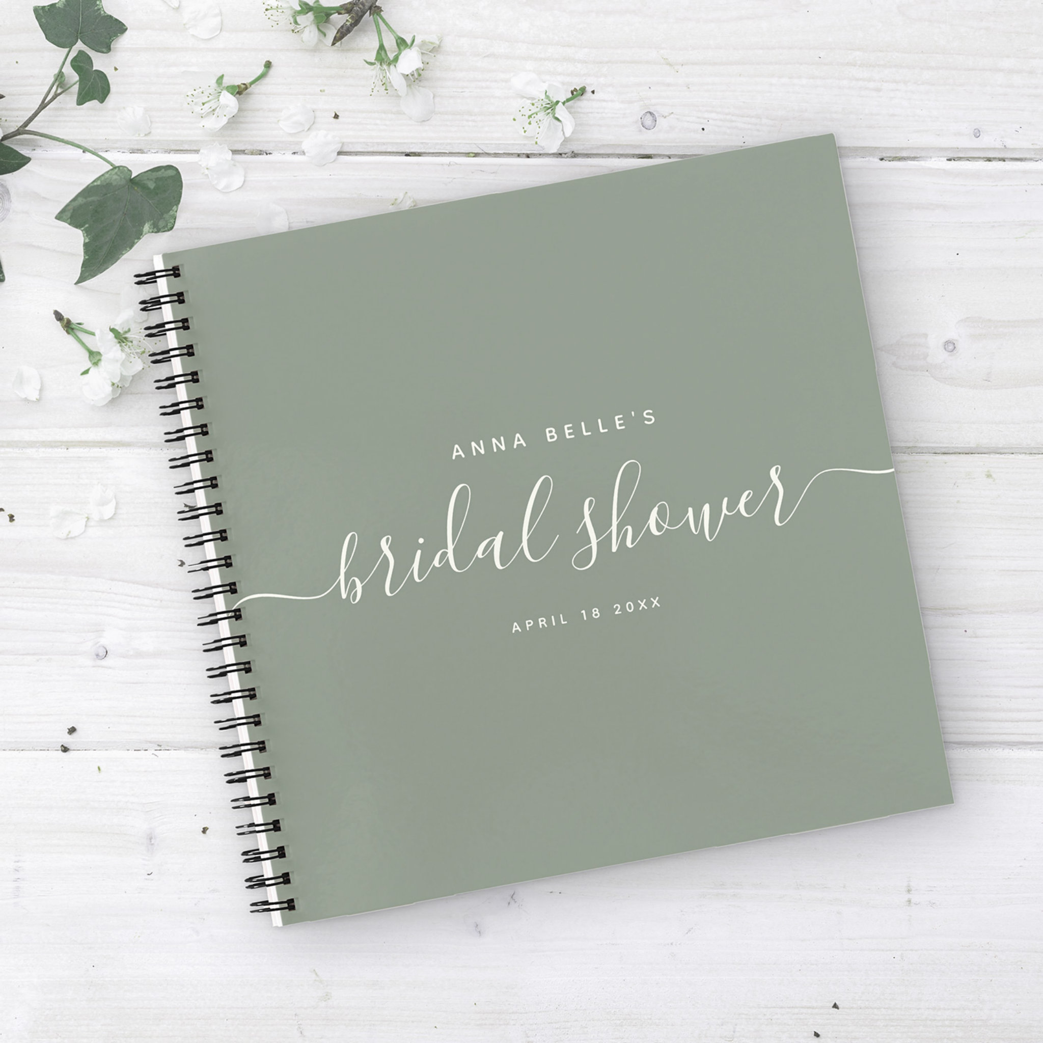 Modern Dusty Sage Chic Script Bridal Shower Guest Notebook