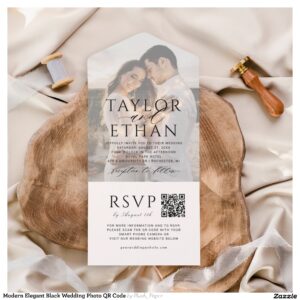 Modern Elegant Black Wedding Photo QR Code All In One Invitation