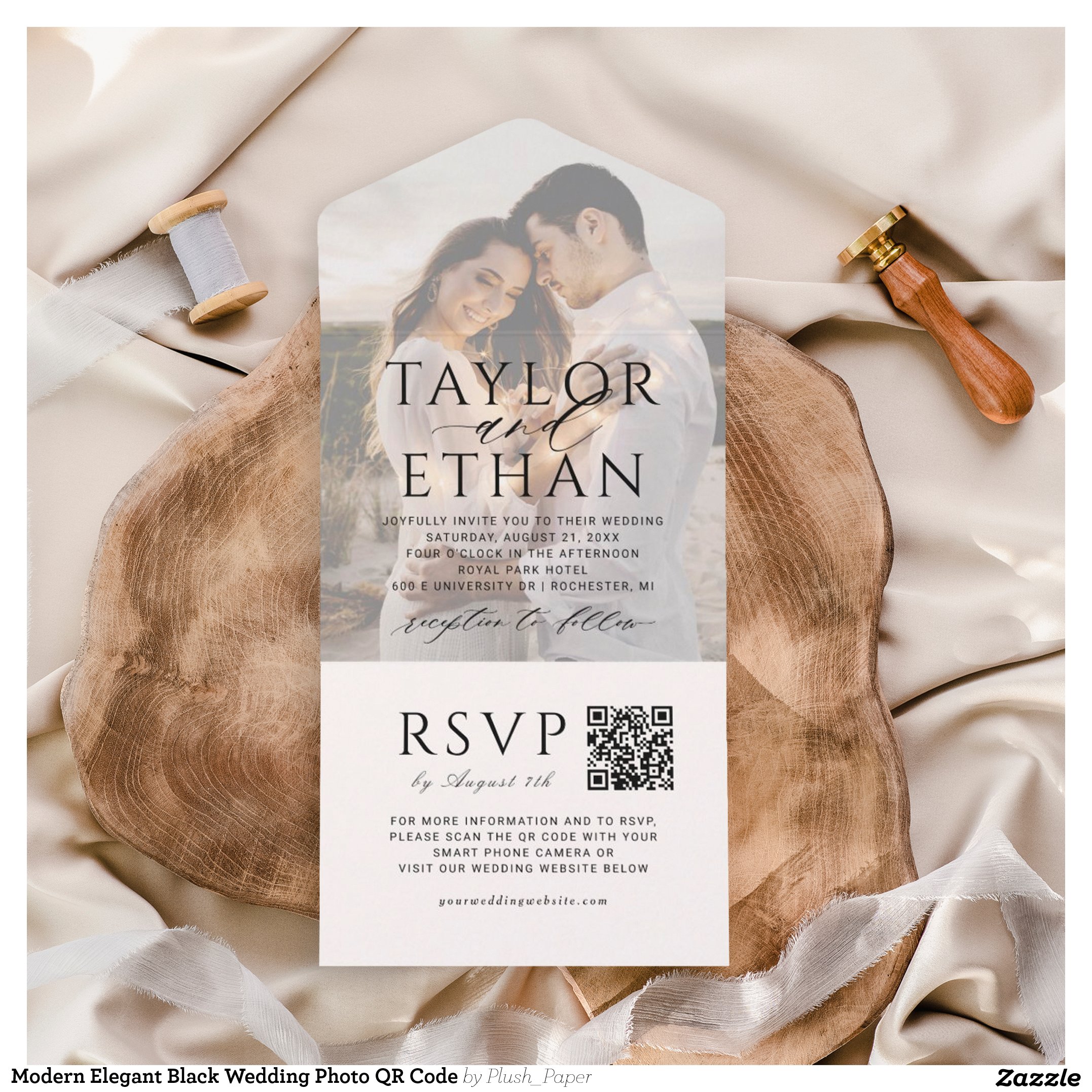 Modern Elegant Black Wedding Photo QR Code All In One Invitation