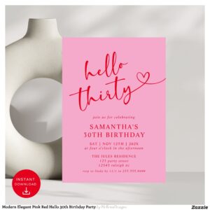 Modern Elegant Pink Red Hello 30th Birthday Party Invitation