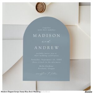 Modern Elegant Script Dusty Blue Arch Wedding Invitation