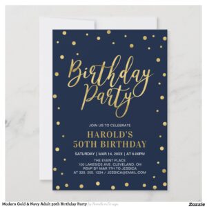 Modern Gold & Navy Adult 50th Birthday Party Invitation