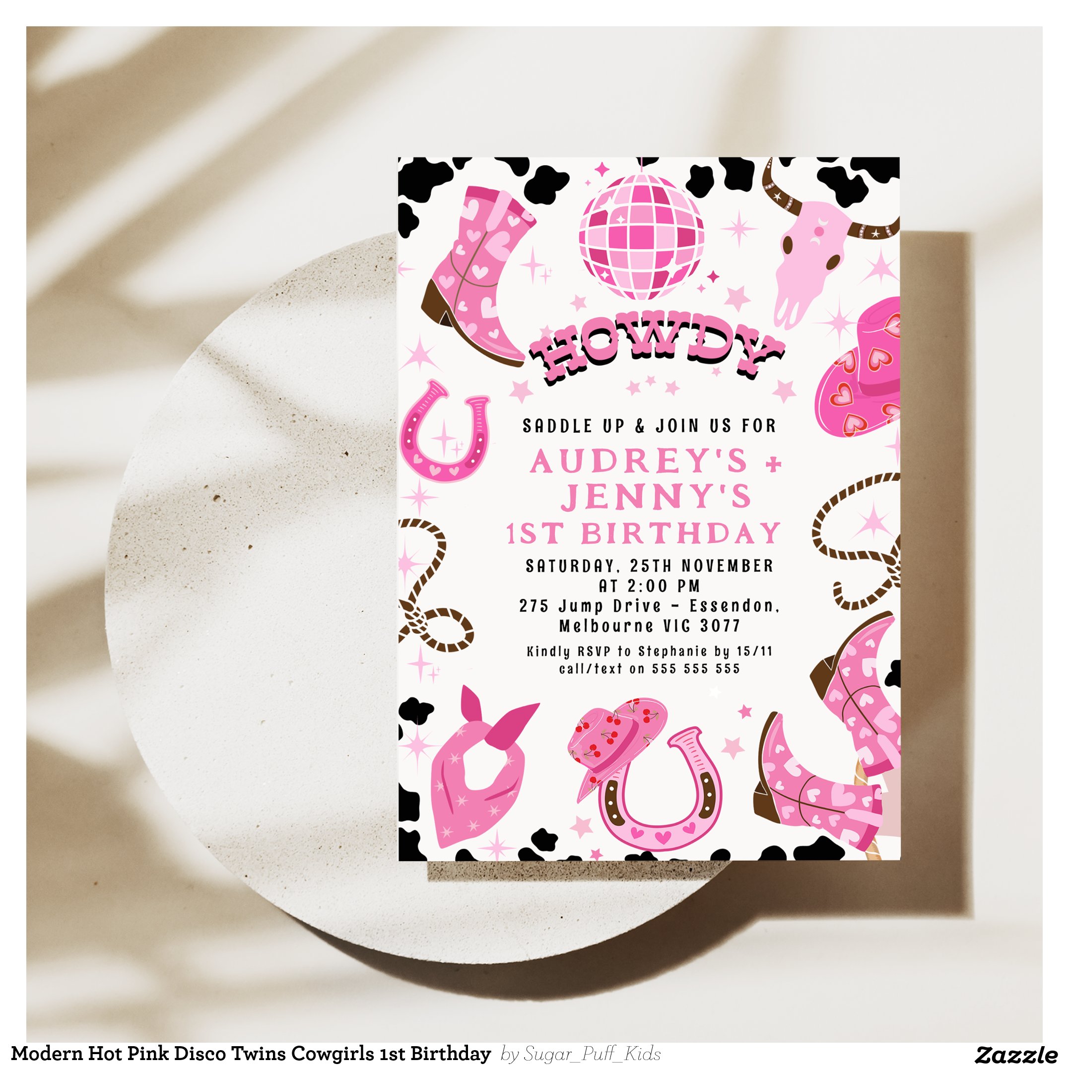 Modern Hot Pink Disco Twins Cowgirls 1st Birthday  Invitation