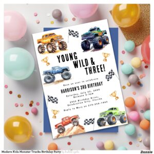 Modern Kids Monster Trucks Birthday Party Invitation