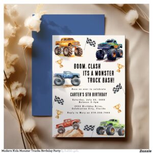 Modern Kids Monster Trucks Birthday Party Invitation