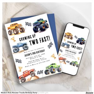Modern Kids Monster Trucks Birthday Party Invitation