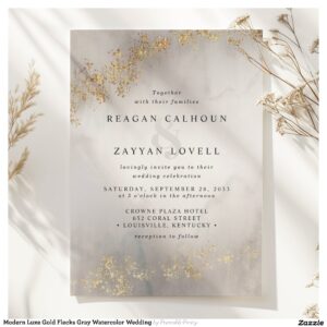 Modern Luxe Gold Flecks Gray Watercolor Wedding Invitation