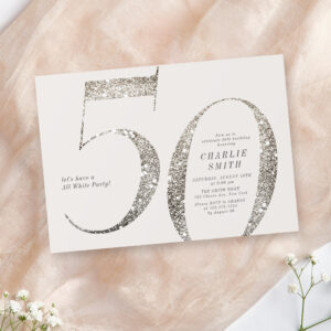 Modern minimalist all white party 50th birthday invitation