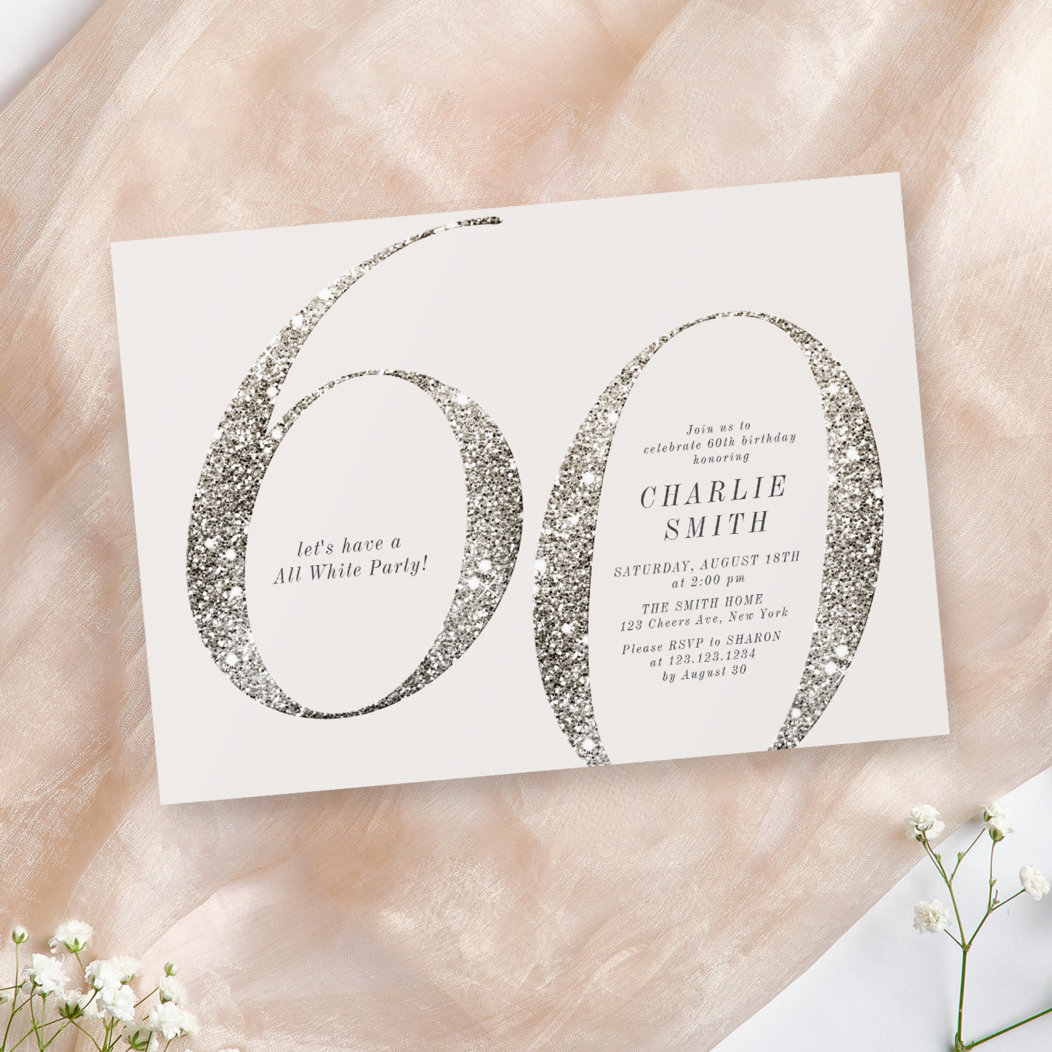 Modern minimalist all white party 60th birthday invitation