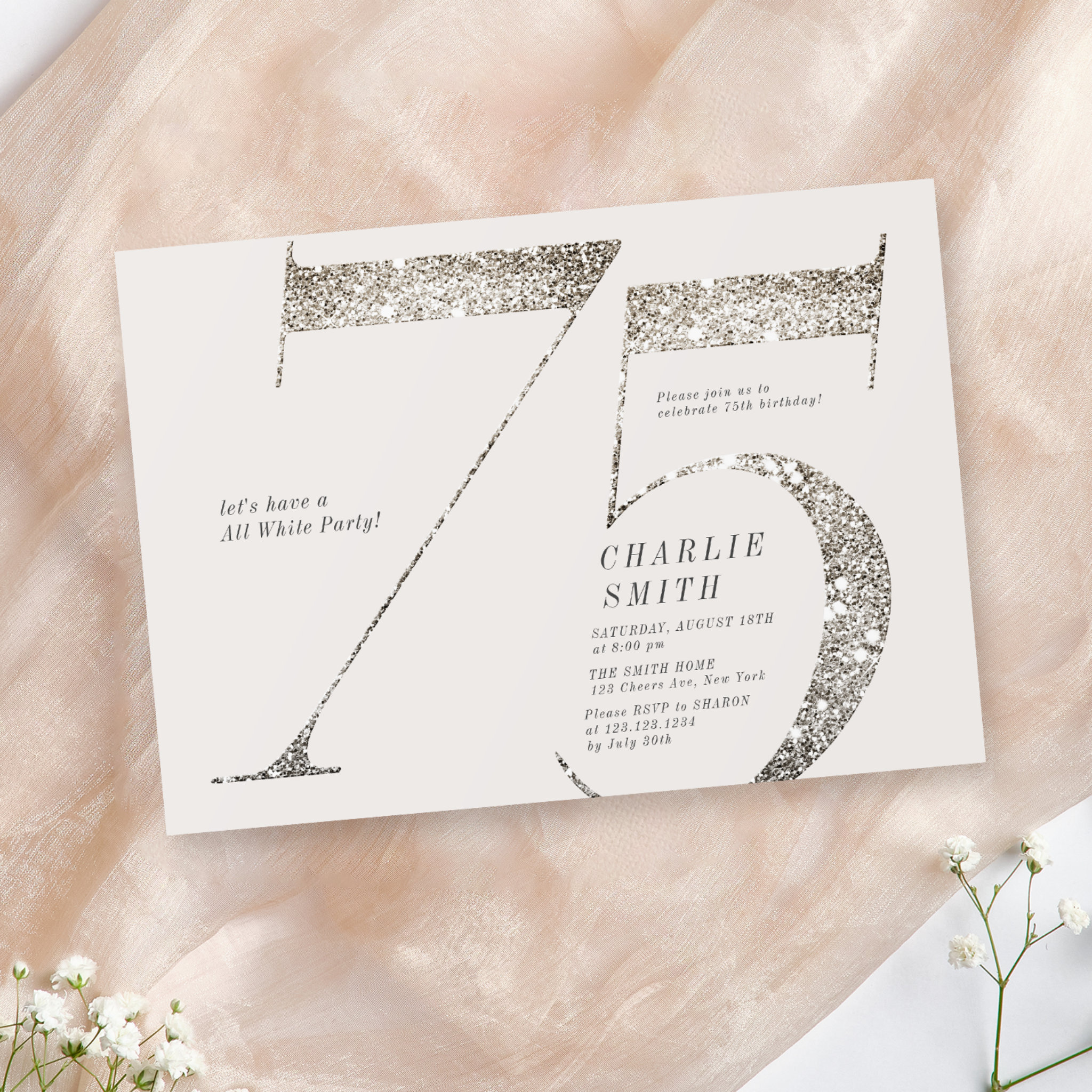 Modern minimalist all white party 75th birthday  invitation