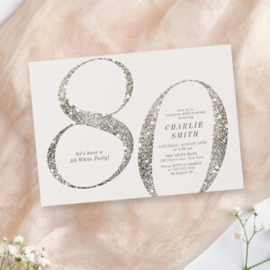 Modern minimalist all white party 80th birthday invitation
