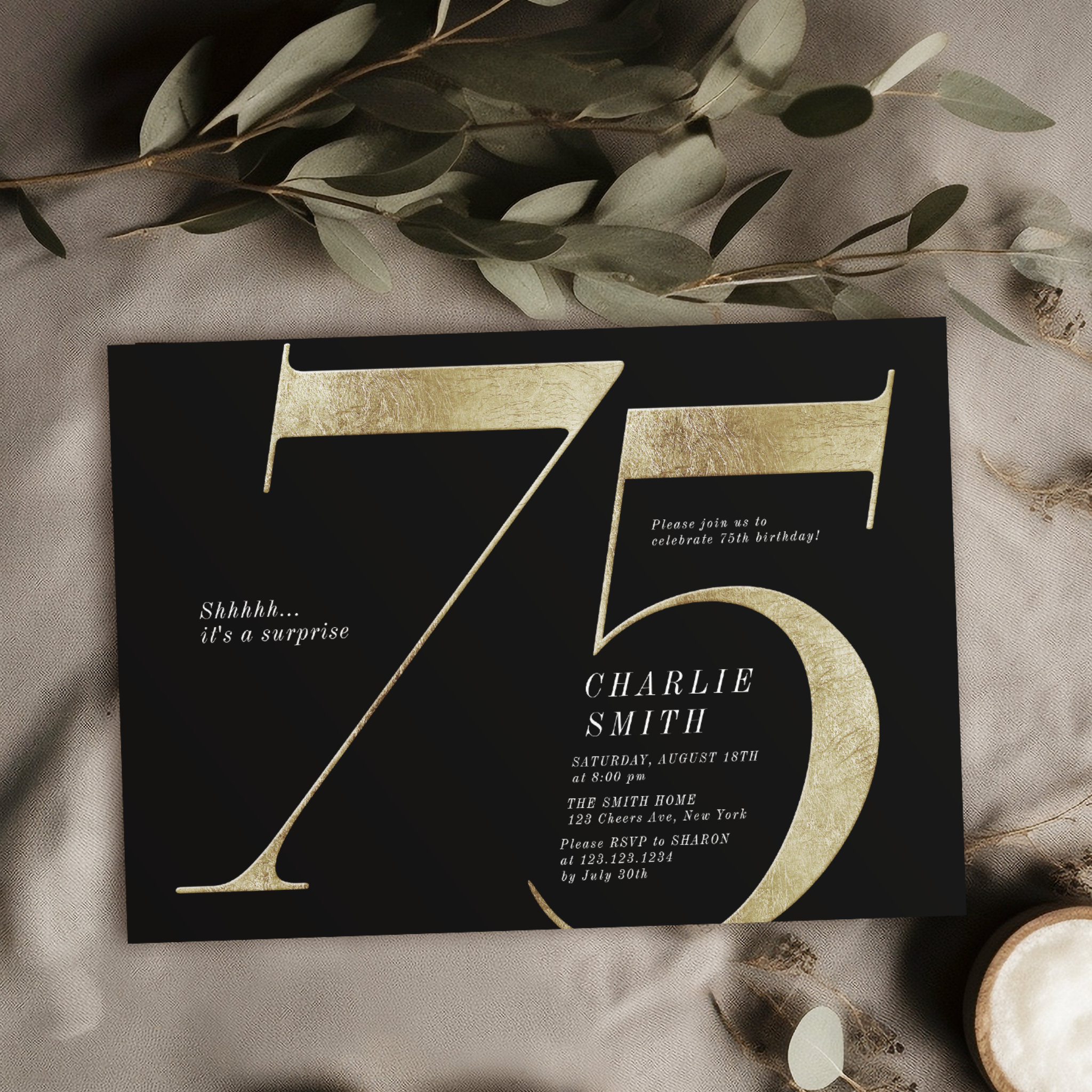 Modern minimalist black and gold 75th birthday invitation