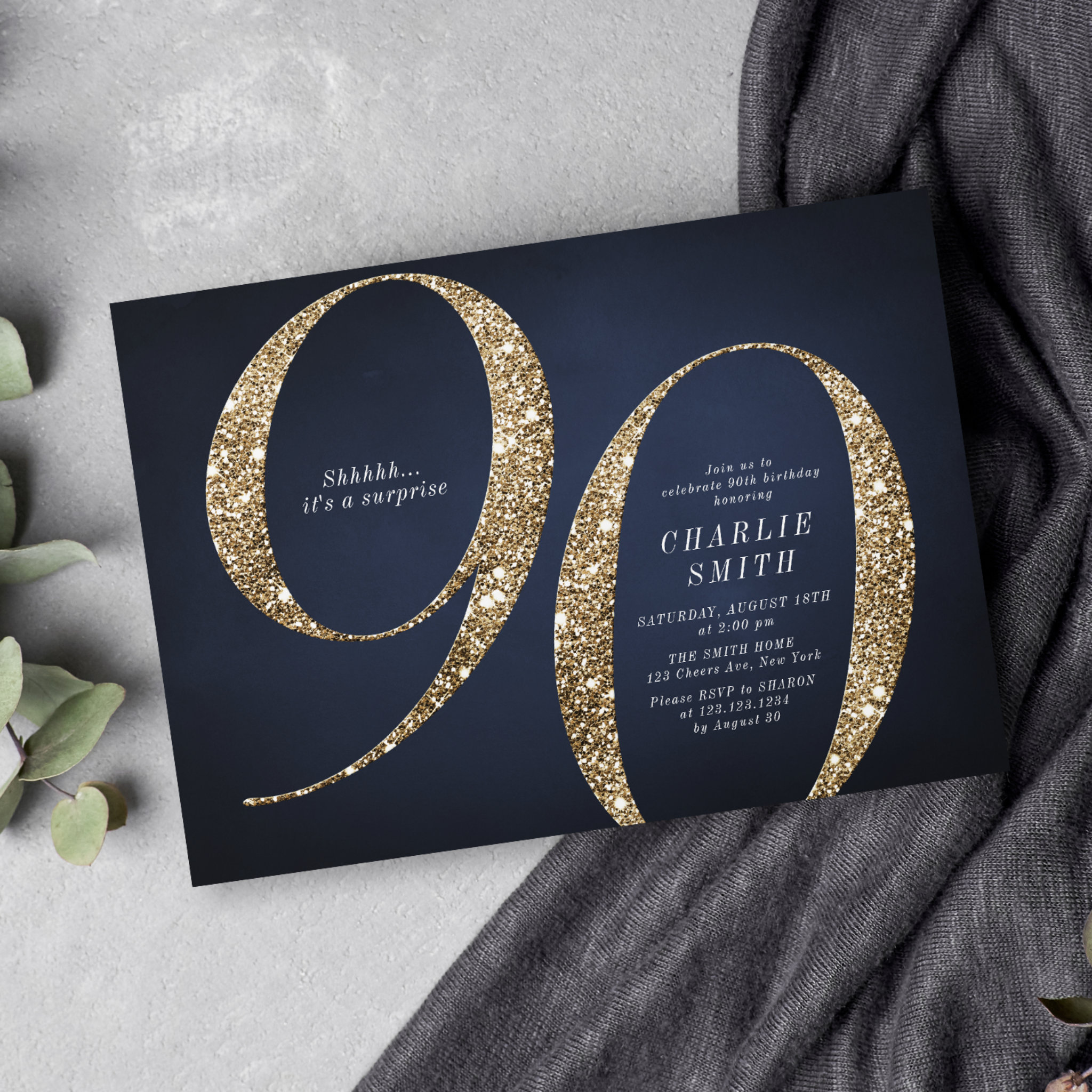 Modern minimalist navy gold glitter 90th birthday invitation