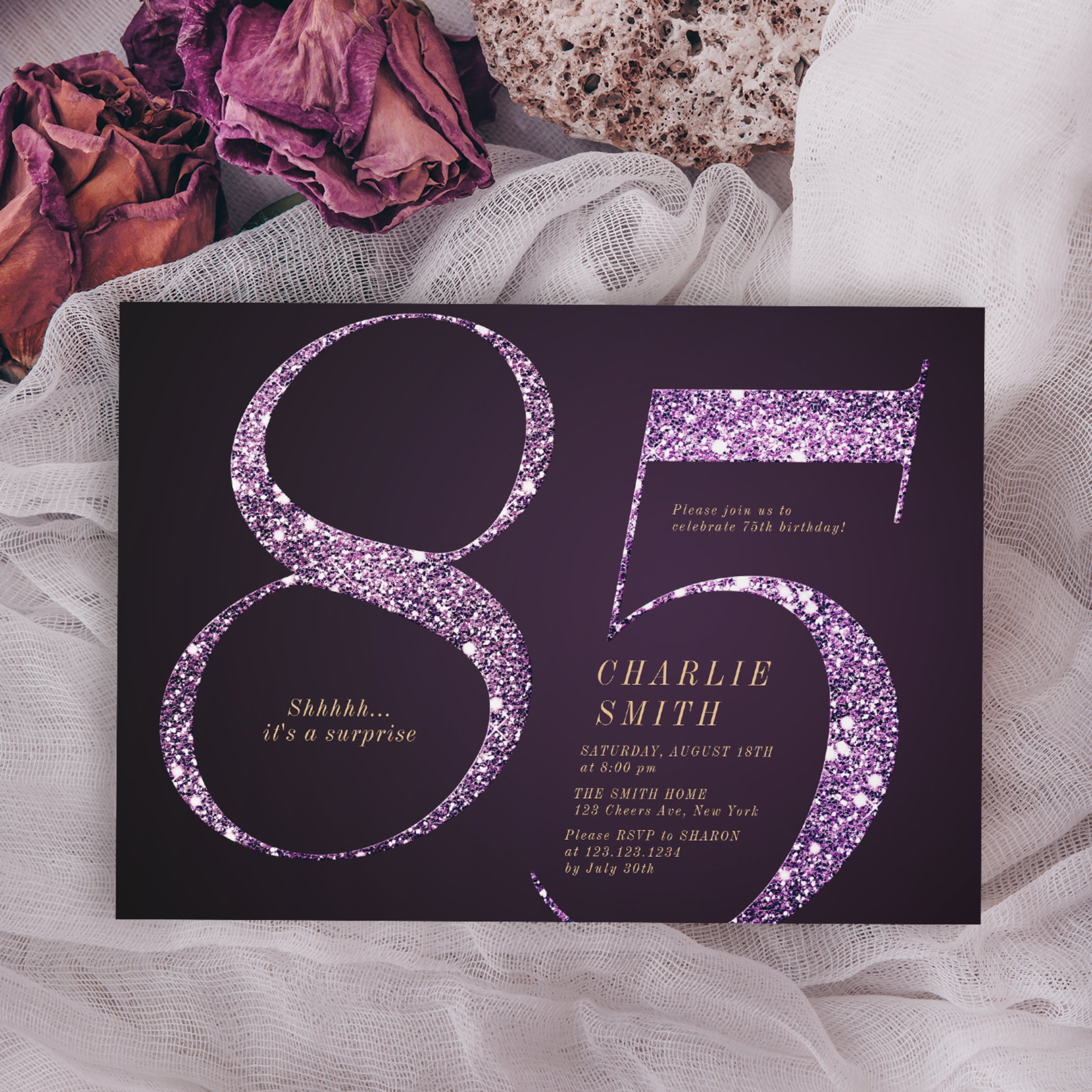 Modern minimalist purple glitter 85th birthday invitation