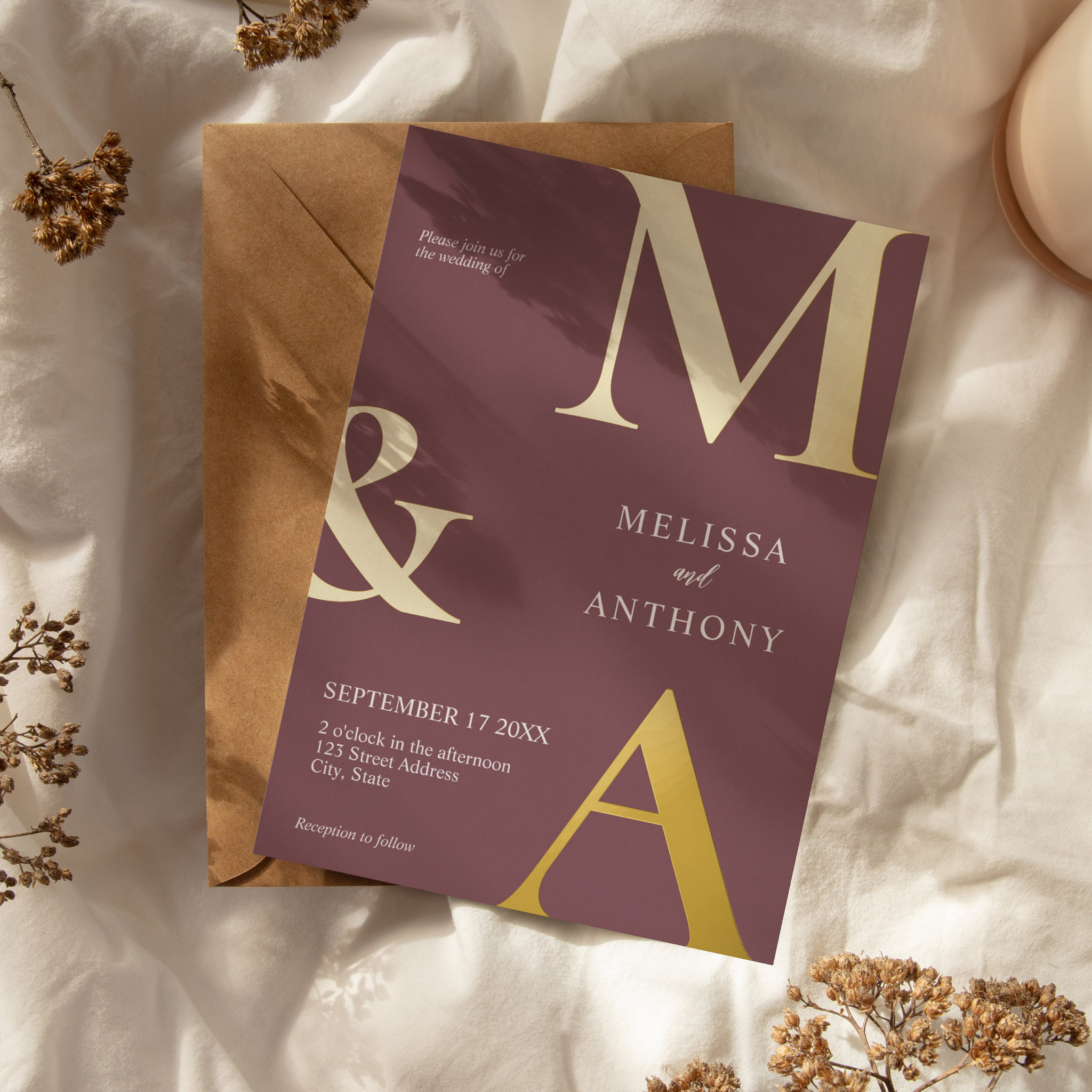 Modern Minimalist Purple Monogram Wedding Foil Invitation