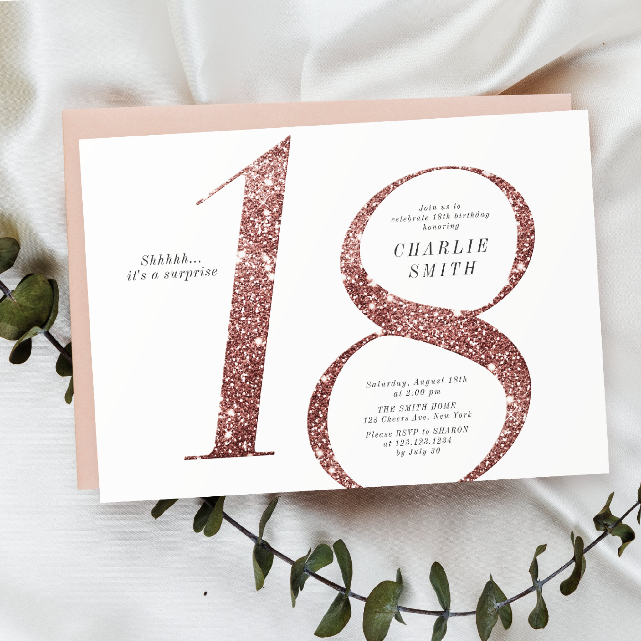 Modern minimalist rose gold glitter 18th birthday invitation