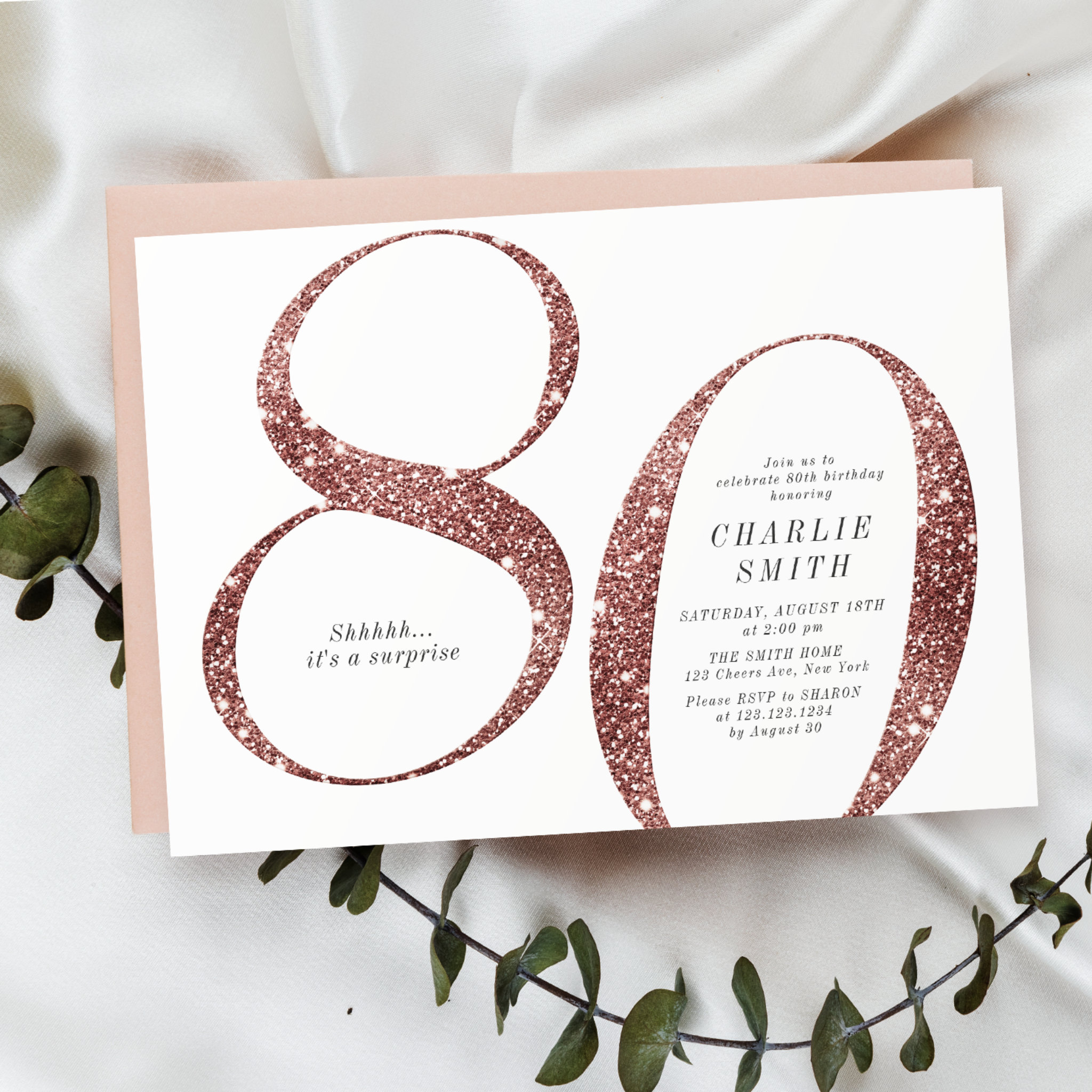 Modern minimalist rose gold glitter 80th birthday invitation