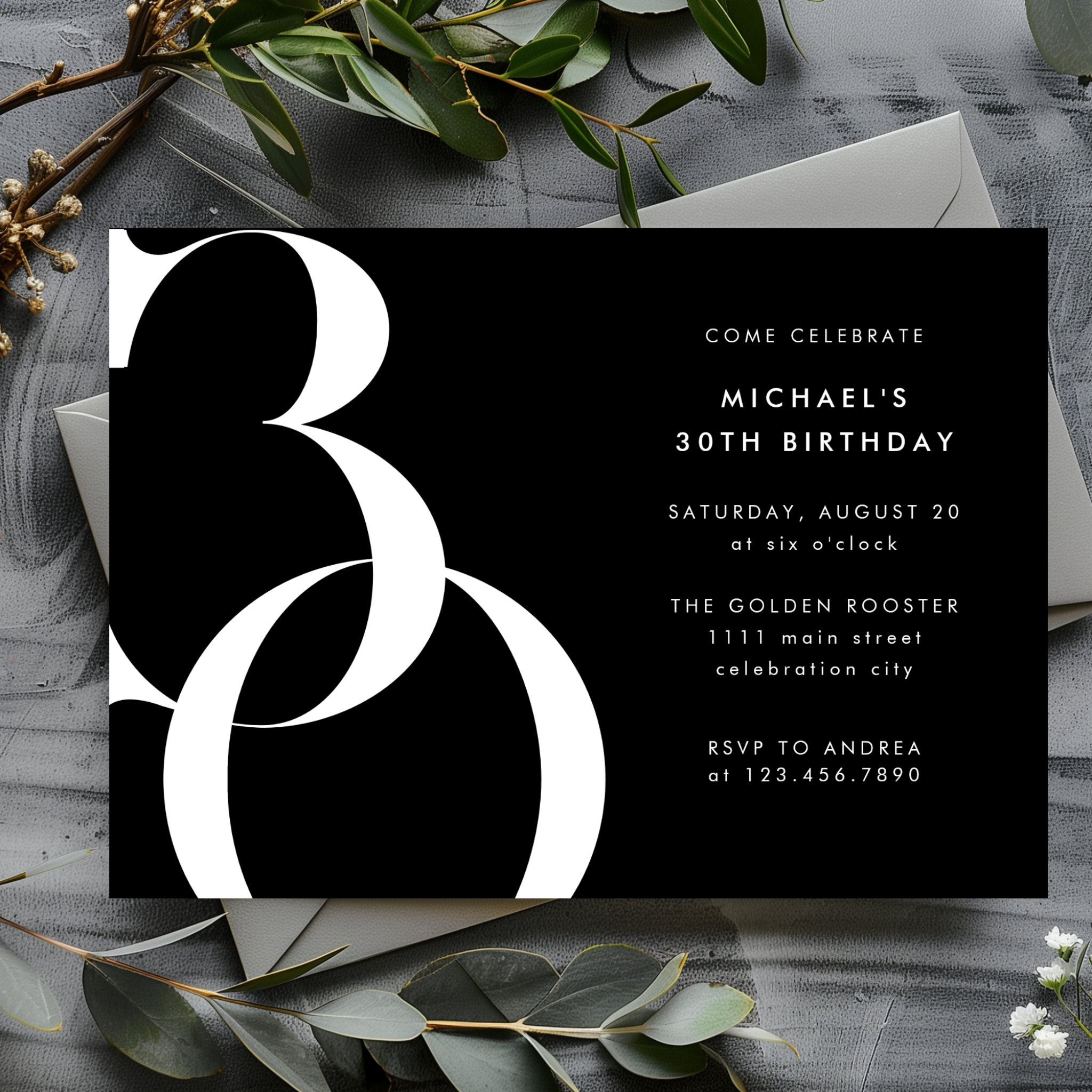 Modern Minimalist Solid Black 30th Birthday Party Invitation