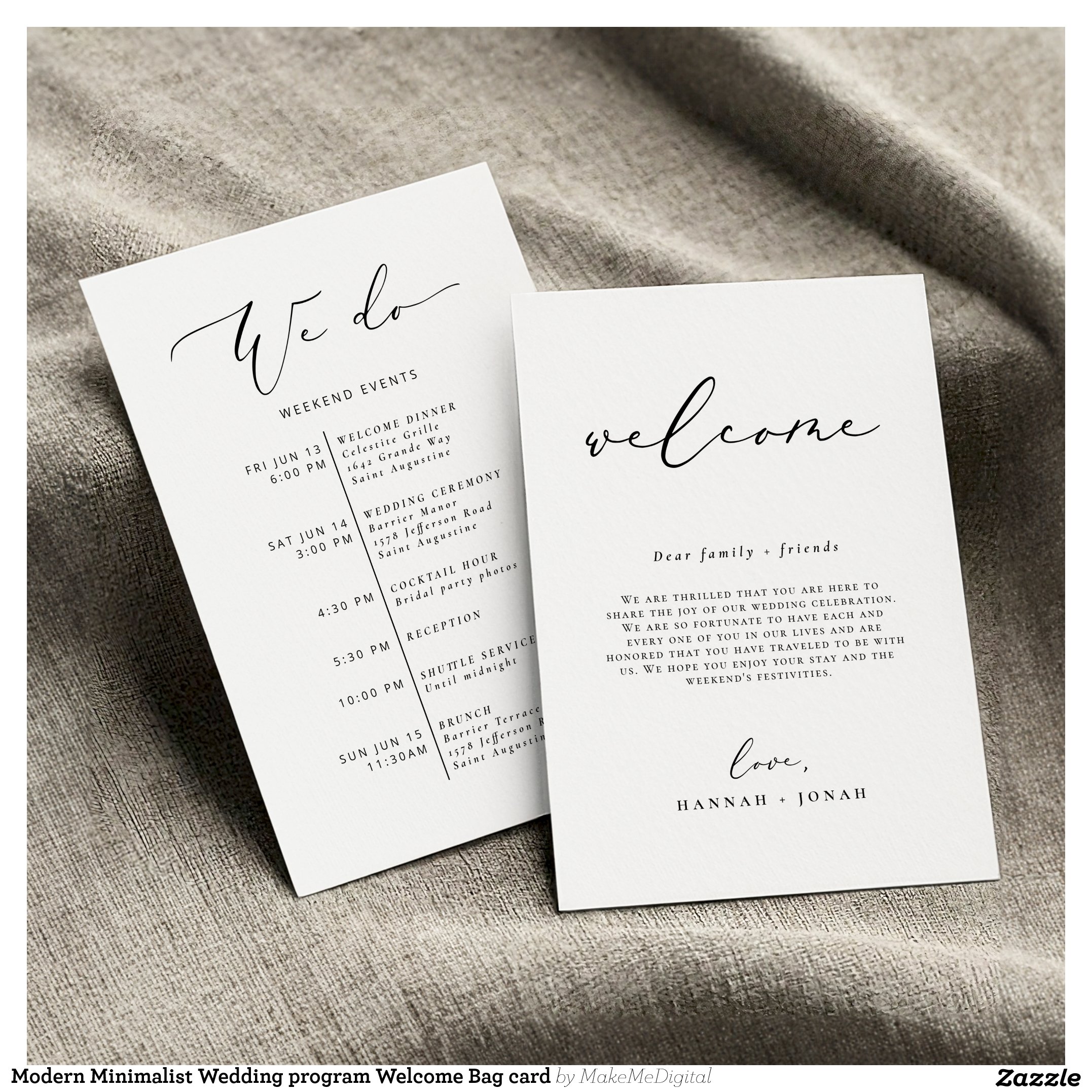 Modern Minimalist Wedding program Welcome Bag card