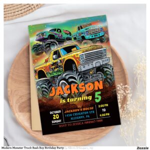 Modern Monster Truck Bash Boy Birthday Party Invitation