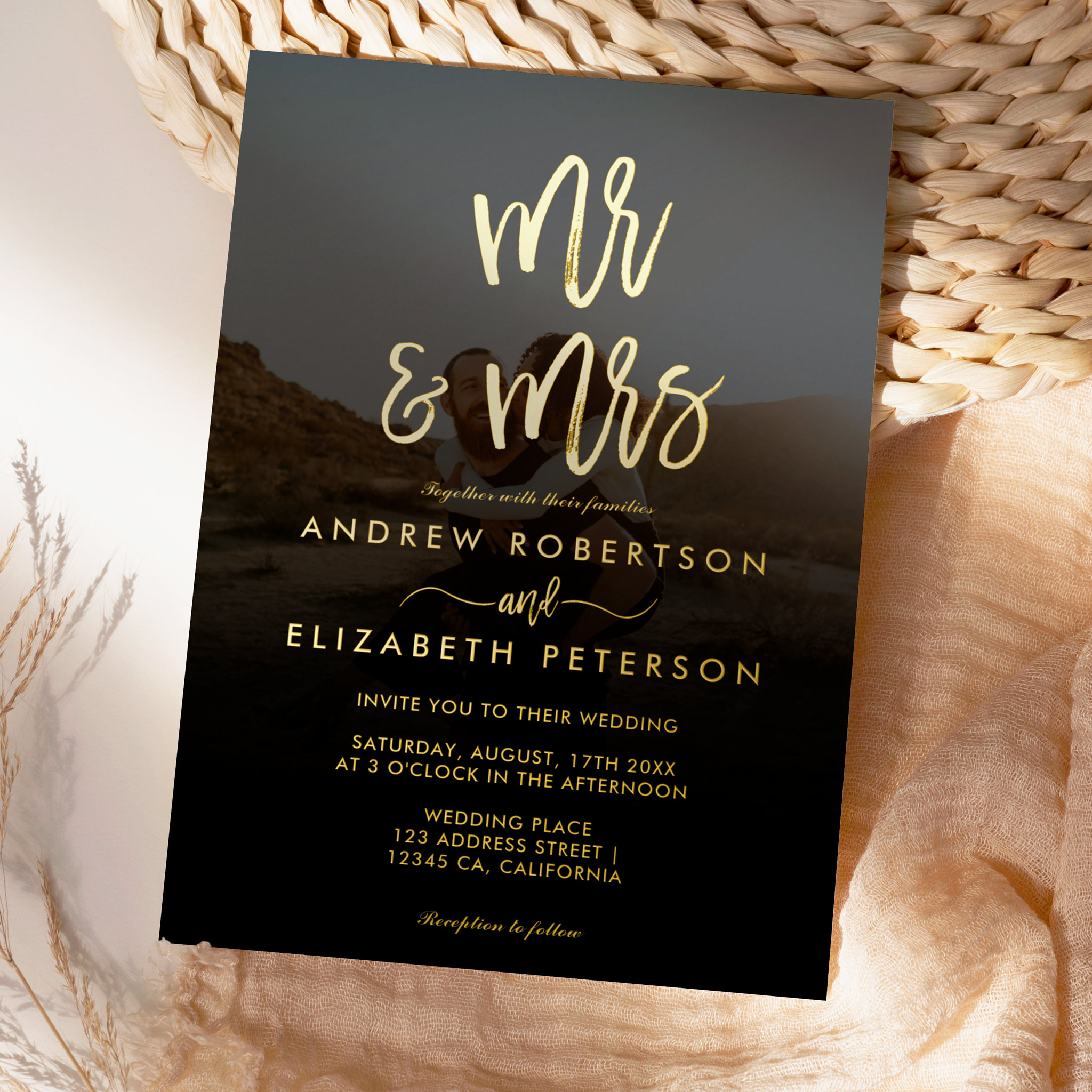 Modern Mr Mrs script simple photo wedding gold Foil Invitation