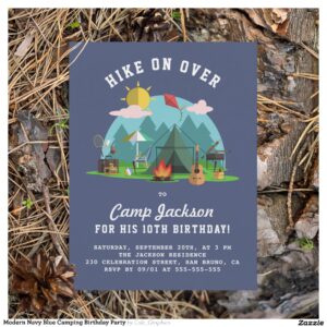Modern Navy Blue Camping Birthday Party Invitation Postcard