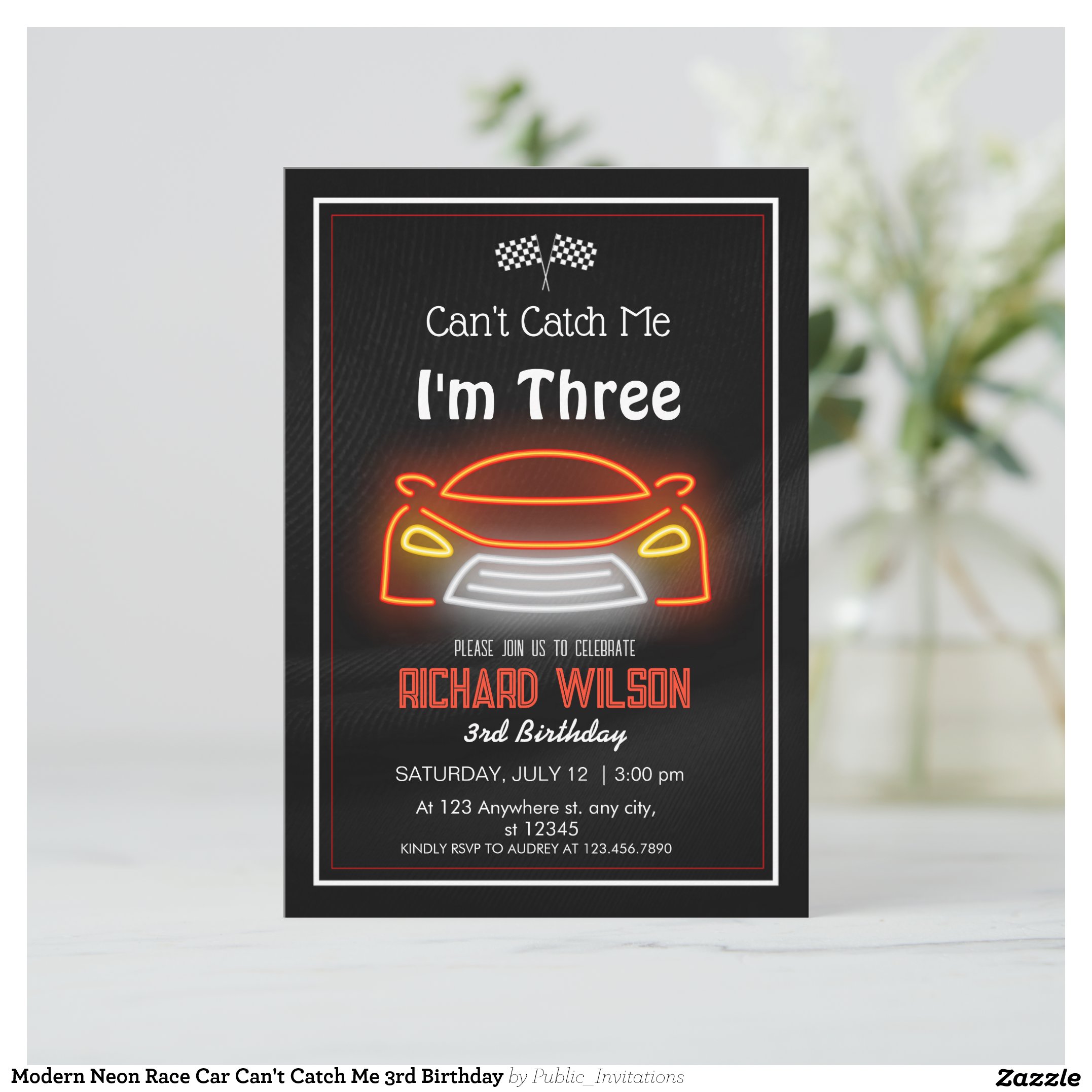 Modern Neon Race Car Can't Catch Me 3rd Birthday Invitation
