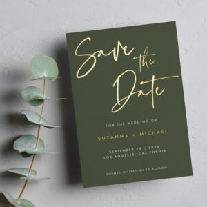 Modern Olive Green Calligraphy Script Wedding  Foil Invitation