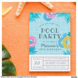 Modern Palm Leaves & Pineapple Pool Party Birthday Invitation Postcard