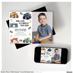 Modern Photo   Kids Monster Trucks Birthday Party Invitation