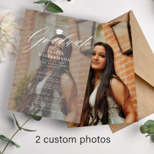 Modern photo overlay script graduation party invitation