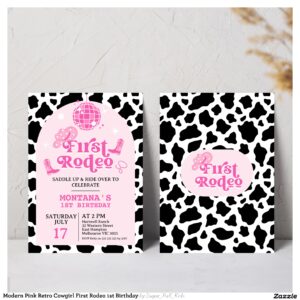 Modern Pink Retro Cowgirl First Rodeo 1st Birthday Invitation